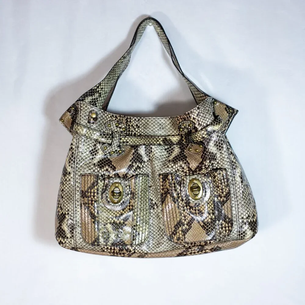 Jessica Simpson Snakeskin Faux Leather Tote Shoulder Bag Purse Brass Brown Large